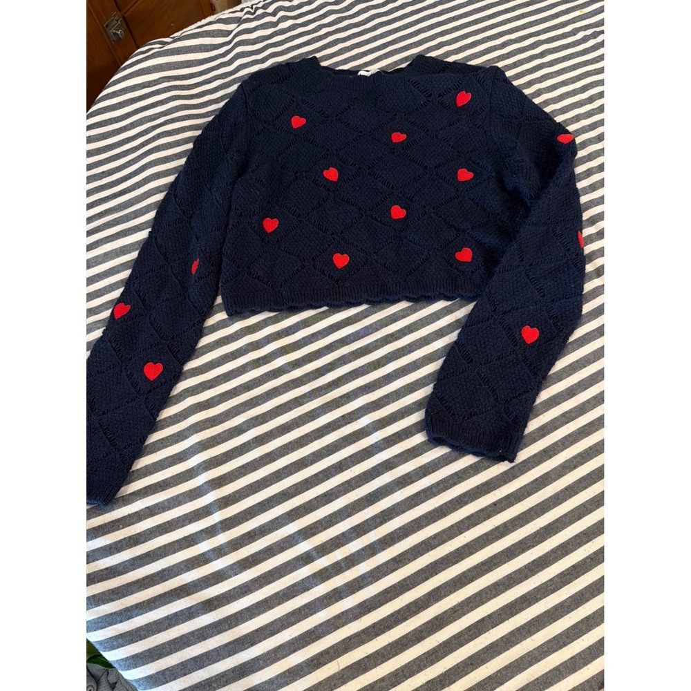 Zara Navy Blue Heart‎ Pointelle Knit Cropped Sweater Womens Large Red Hearts Top